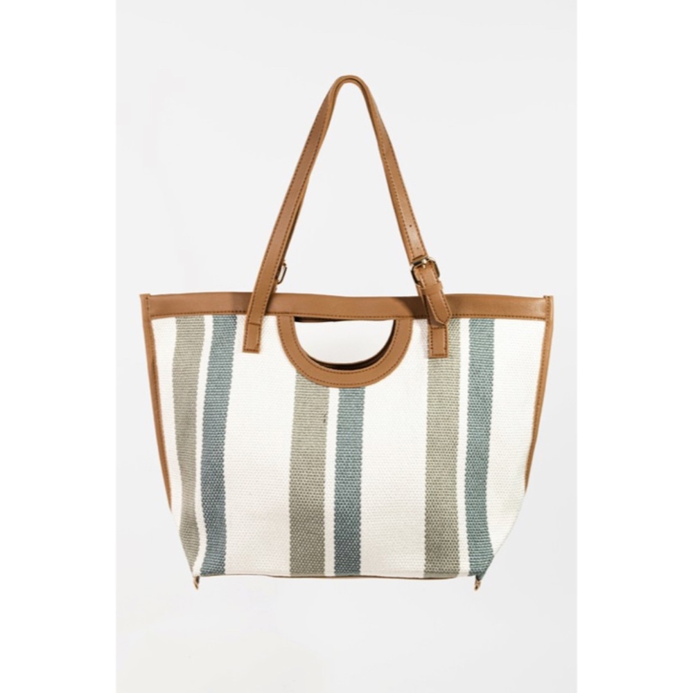 SOLD OUT Green Striped Faux Leather Trim Tote Bag - Picture 2 of 4